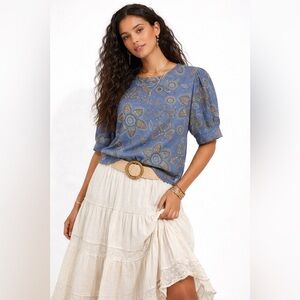 Anthropologie Sundry Paisley Blue Floral Puff Sleeve Top Size 3 Casual Boho Tee
